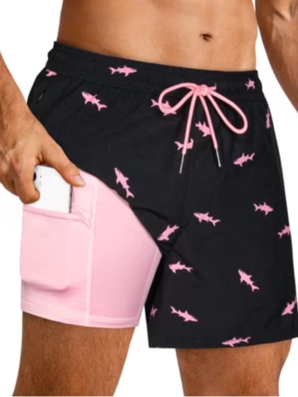 Men's Black Swim Hybrids with Pink Shark Print and Pink Liner